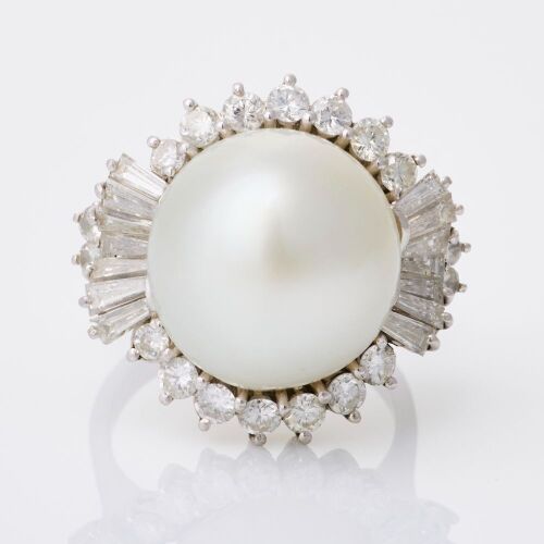 Platinum, 14.40mm Pearl / 1.12ct Ballerina Style Diamond Ring