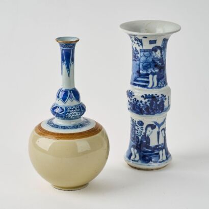 A Chinese Qing Dynasty Blue and White 'Figural' Petal-form and A Gourd-shaped Vase