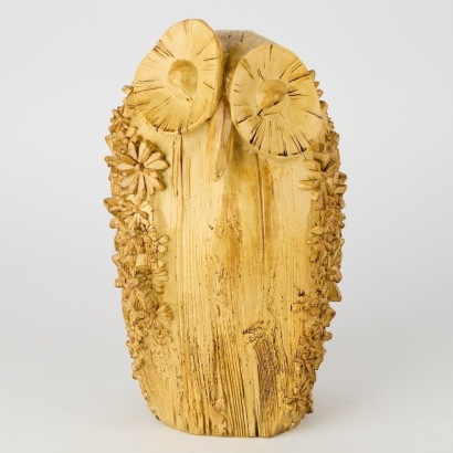 A Large Wooden Owl with Carved Floral Detail