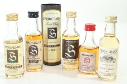 (1) Ulitamte Springbank Miniature Collection, 10, 12, 15, 21, 25 & Private 2005 Vintage Bottling Miniatures, Circa. 1990's/2000's