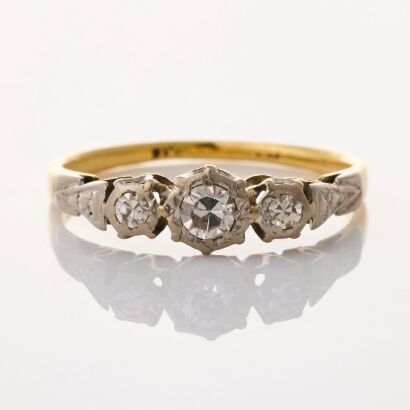 18ct White / Yellow Gold, Handmade, 0.16ct Diamond Three Stone Ring