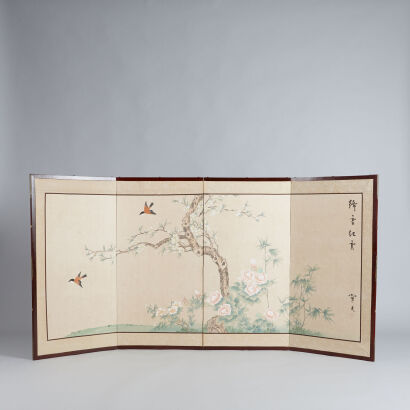A Chinese Four-fold 'Floral and Bird' Screen