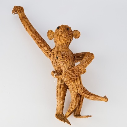 A 1960s Woven Wicker Hanging Monkey and Baby