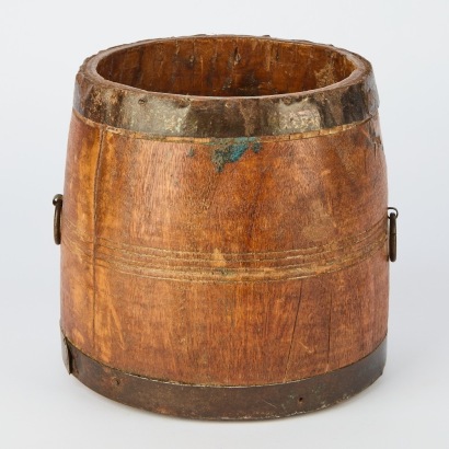 A Vintage Wooden Grain Measuring Pot with Metal Fixtures