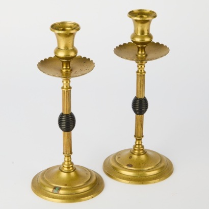 A Pair of Arts and Crafts Brass Beehive Candlesticks