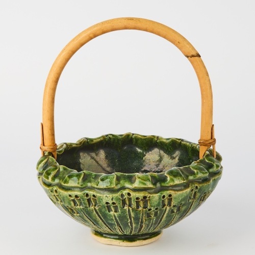 A Vintage Studio Pottery Bowl with Bamboo Handle