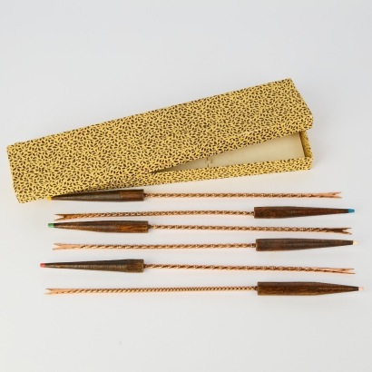 A Mid Century Set of Six Teak and Copper Fondue Forks