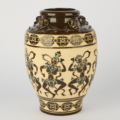 1940s Vietnamese Vase with Dancing Girl Relief by Bien Hoa