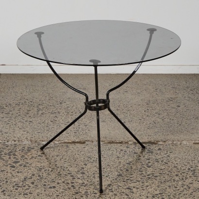 A Mid Century Side Table Metal Frame circa 1950 with Smokey Grey Glass Top