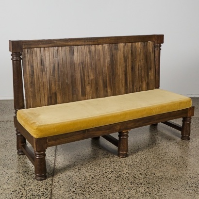 A Dark Timber Hall Bench with Gold Velvet Seat