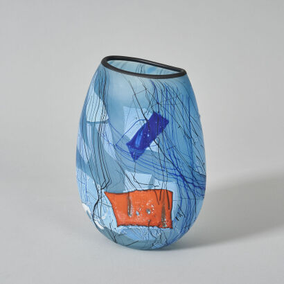 An Blue Ovoid Garry Nash Attributed VaseDecorated with a range of diffenent shades of blue and orange patches and erratic black lines. H240 W170mm
