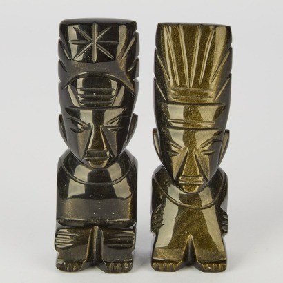 A Pair of Black Onyx Obsidian Aztec Stone Figures