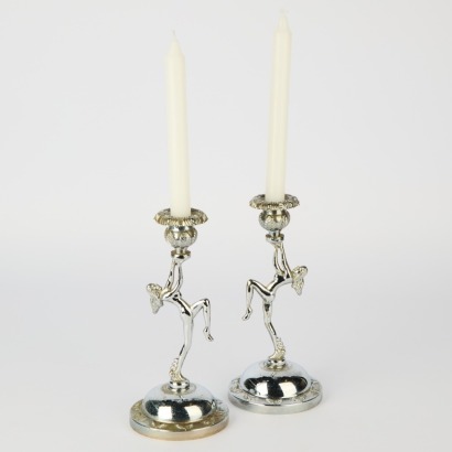 A Pair of Art Deco Dancing Ladies Chrome Candle Holders