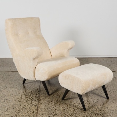 A Sumptuous Mid-Century Style Chair and Footstool in Boucle