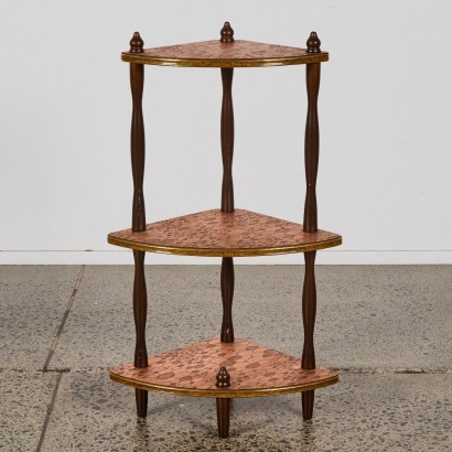 A Vintage Three Tier Corner "What Not" Shelf with Copper Inlay