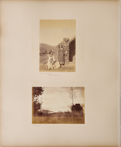 UNKNOWN PHOTOGRAPHER An Album Page Featuring a Portrait of Guide Kate and Guide Maria and a Photograph of Parawera, a Photograph of the Otira Gorge and of the Bridge over Waimakariri Gorge