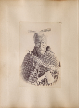 UNKNOWN PHOTOGRAPHER Portrait of Patara Te Ngungukai, Whakarewarewa by Unknown Artist with Photograph of Māori Whare by Josiah Martin with Photograph of Te Kooti's House by Unknown Artist