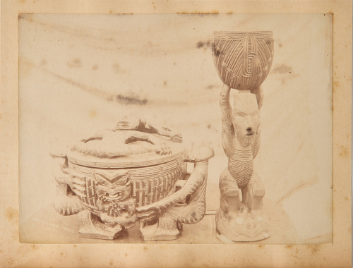 JOSIAH MARTIN An Album Page Featuring a Photograph of Carved Māori Bowls by Josiah Martin and a Photograph of Lake Taūpo by Unknown Photographer