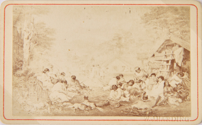WILLIAM JAMES HARDING Interior of Native Village or "Pa" in New Zealand. A copy of a lithograph by Edmond Walker, after a painting by J.A. Gilfillan. Showing scenes of typical village life including weaving, cooking, child rearing, gardening and social ac