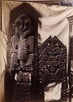 JOSIAH MARTIN Three Māori carvings. Two kuwaha and one poupou.