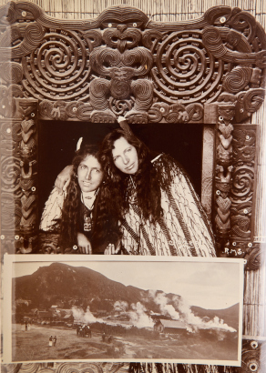 ARTHUR JAMES ILES Twin Guides of Whakarewarewa, guide 'Maggie...', Makereti Papakura and her twin sister at the carved window frame of Te Rauru meeting house, Whakarewarewa, with landscape