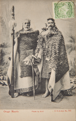F.T.SERIES Two Otago Māori men in traditional dress, photographed by Henry John Gill of Dunedin