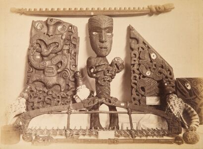 JOSIAH MARTIN Album Page Featuring a Study of Carved Objects Including a Putatara, Rou Kakahi and Patutu Pataka and a Study of a Kumete and Waka Huia by Josiah Martin
