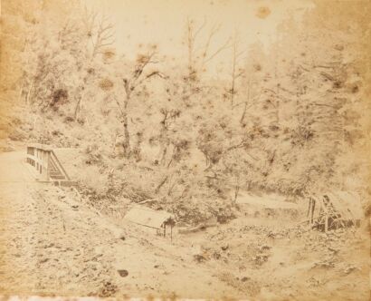 BURTON BROTHERS A Group of Seven Burton Brothers Photographs Across New Zealand: Mongarewa Gorge, Cromwell, The Big Pump - Grahamstown, Victoria St, Auckland, Grahamstown, Alexandra Bridge, Mount Alexander - West Coast Road