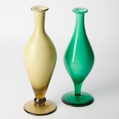 A Pair of Mid-Century Italian Cased Glass Vases in Green & Smokey Brown