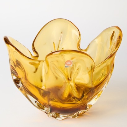 A Vintage Iwatsu Hineri Amber Glass Bowl