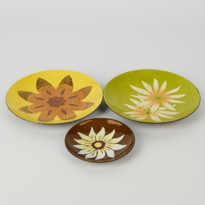 A Trio of Floral Themed Enamel Dishes