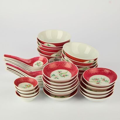 A Set of 38 20th Century Chinese Jingdezhen Rouge-Red Ground Floral Medallion Decorated Tableware