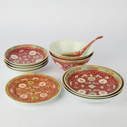 A Set of 20th Century Chinese Jingdezhen Rouge-Red 'Longevity Without End' Decorated Tableware