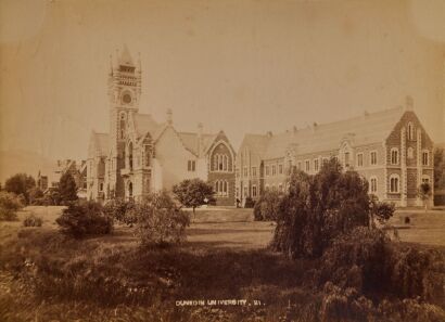 UNKNOWN PHOTOGRAPHER Three photographs of Dunedin, including University of Otago buildings, St Joseph Cathedral, and view from the Botanical Gardens