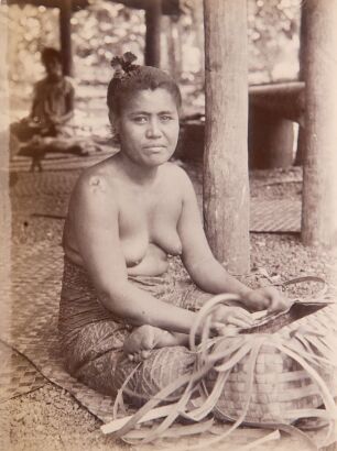 JOSIAH MARTIN A Portrait of a Samoan Woman Weaving a Basket