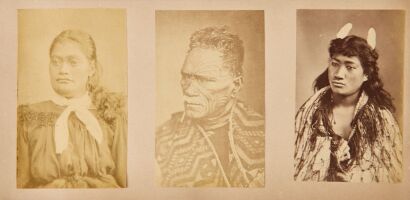 PULMAN'S PHOTOGRAPHIC STUDIO Three Carte de visite scale photographs afixed to card, including two unidentified wahine Māori and Elizabeth Pulman's portrait of King Tawhiao wearing a woven flax cloak with a taniko border