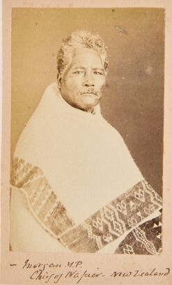 UNKNOWN PHOTOGRAPHER A portrait of Mokena Kohere, Ngāti Porou iwi, wearing a cloak with Taniko borders
