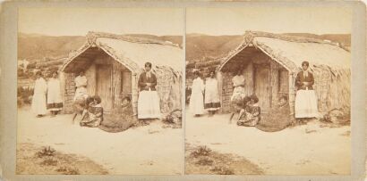 BURTON BROTHERS A stereoscope pair of Māori Displaying a Hongi outside a Wharenui