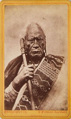 PULMAN'S PHOTOGRAPHIC STUDIO Two portraits of Māori men. Tāraia Ngākuti Te Tumuhuia, a renound warrior and leader of the Ngāti Maru and Ngāti Tamaterā, and a man with a moku and wearing a jacked and tie identifies as Paul. Chief Hauraki