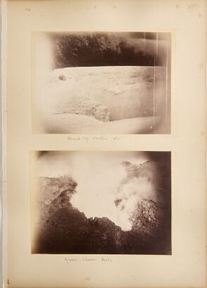 BURTON BROTHERS An Album Page Featuring a Photograph of Rotomahana by the Burton Brothers and Three Photographs of the Pink and White Terraces by an Unknown Photographer