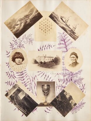 UNKNOWN PHOTOGRAPHER An album page with collaged albumen photographs and ink botanical illustrations