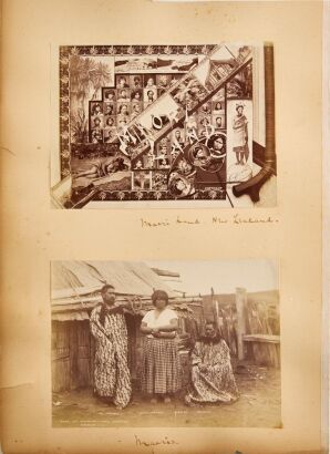 BURTON BROTHERS An album page with Māori Land composite and At Waimiha, King Country albumen prints by the Burton Brothers