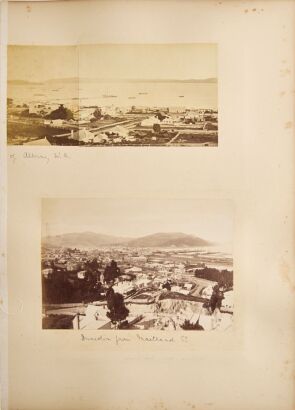 BURTON BROTHERS An album page with two albumen prints of Dunedin, and one verso. One of these prints is by the Burton Brothers.