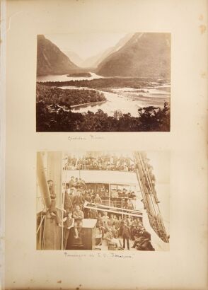BURTON BROTHERS Three album pages with 11 albumen prints of New Zealand in the 1880's and one print of passengers on the S.S. Tarawera