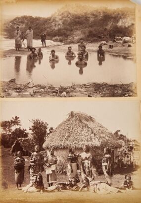 BURTON BROTHERS An album page with "In the Hot Bath, Whakarewarewa" and "Tongan Girls - Nukualofa", with "Native Chiefs, Ceylon (Sir Lanka) verso