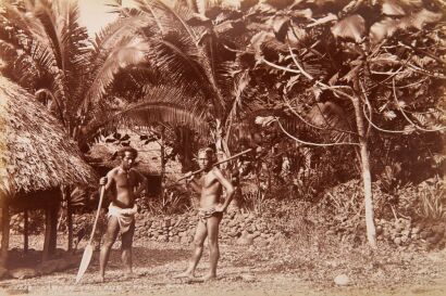 BURTON BROTHERS Three photographs of Samoa. "Samoan Village - Pango Pango", "Samoan Woman - Apia", and "Samoan Village - Near Apia"