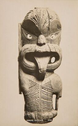 FRANK DUNCAN & CO. Two Māori God postcard from the Tourist Series of Real Photographs and a Photograph by an Unknown Photographer of the Entrance to a Māori Pa in Rotorua