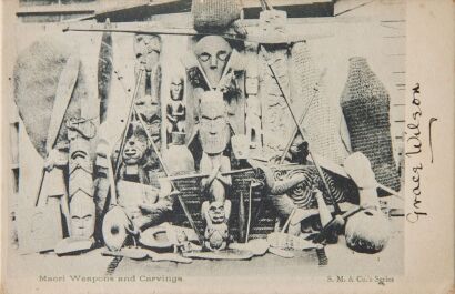 S.M. & CO Four Photographs of Rotorua Including a Postcard Depicting Māori Weapons and Carvings by S.M & Co.