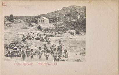 MUIR & MOODIE Two Postcards by Muir & Moodie Depicting Bathers in the Ngawhas and of Figures in Front of the Pink Terraces