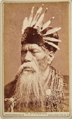 JAMES BRAGGE Three Carte de visite studio portraits. A male, Renata Kawepo Tama-ki-Hikurangi, and two female Māori subjects posing with feathers in their hair